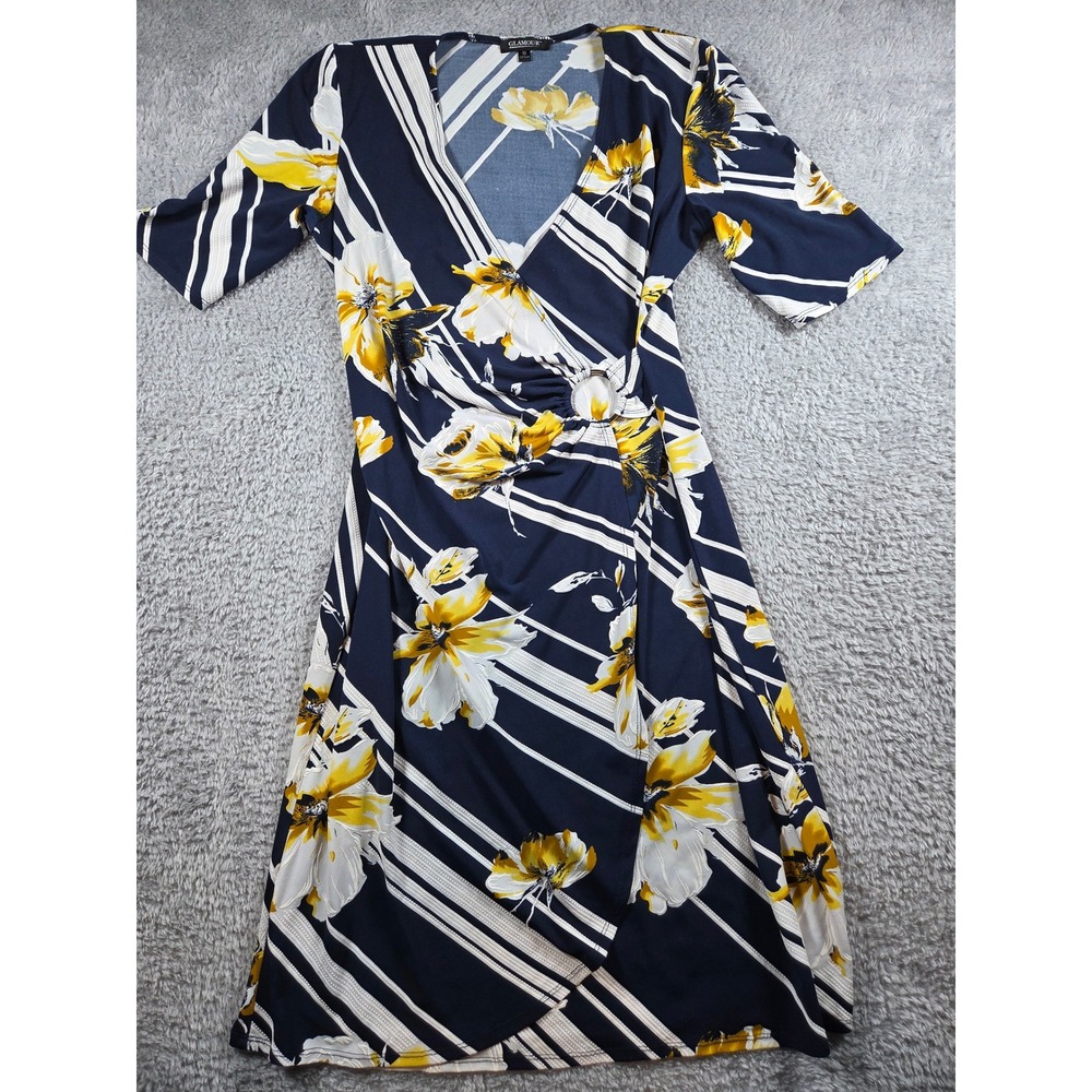 Glamour Faux Wrap Dress 10 Navy Blue Yellow Floral Striped Womens O-Ring Knee
